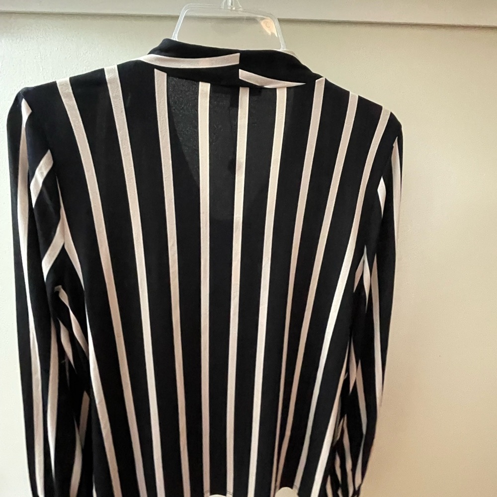 Adrianna Papell Black Ivory Striped Wrap Front Blouse - Picture 7 of 7